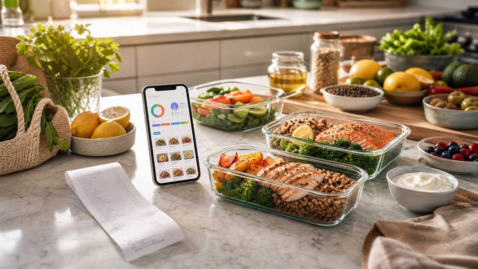 Healthy meal prep, fresh groceries, a supermarket receipt, and a phone meal planning dashboard on a kitchen bench