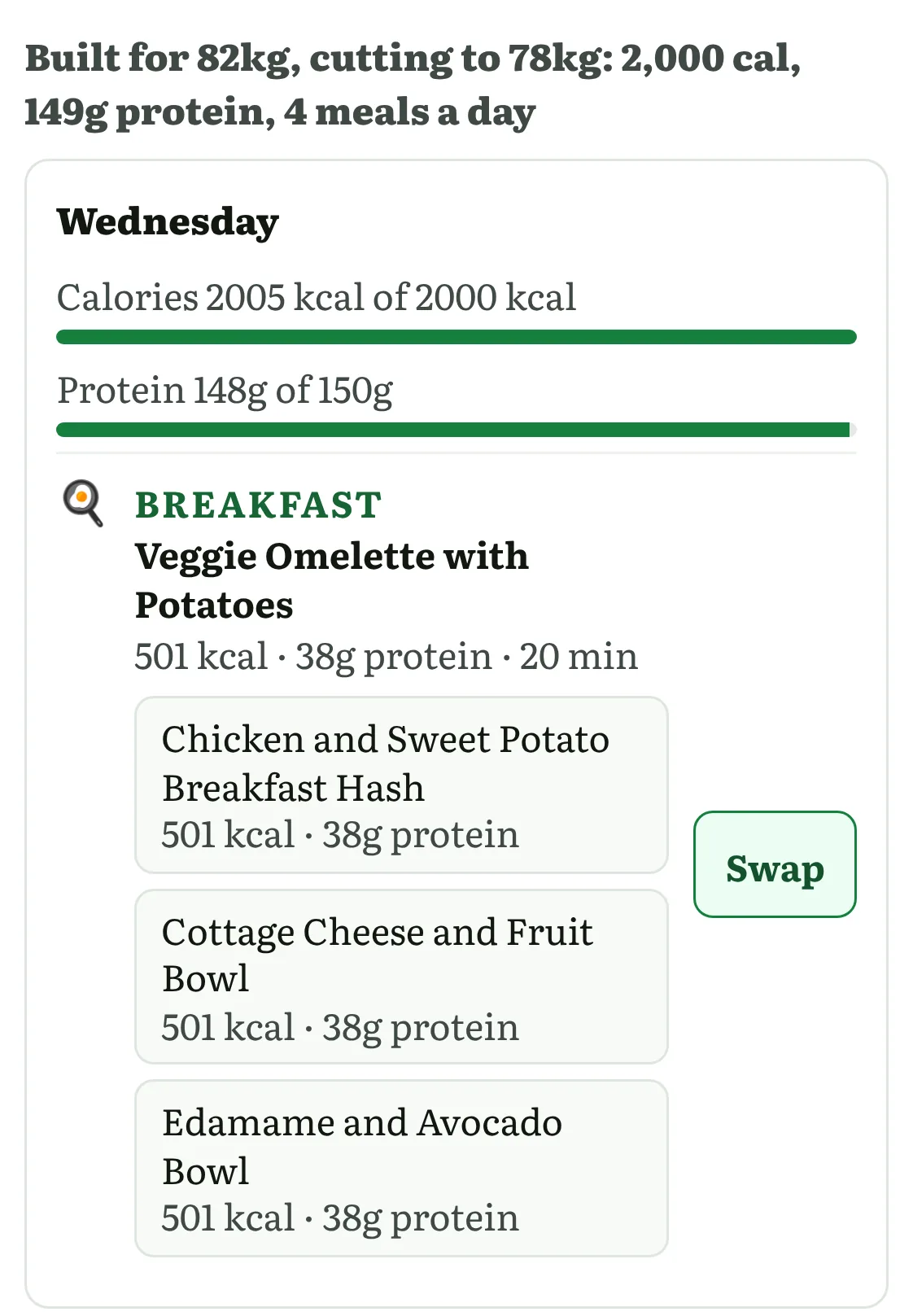 Preview of a generated Wednesday meal plan
