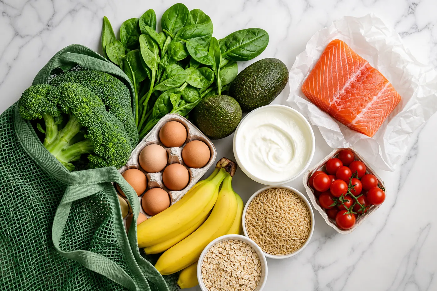 Fresh Australian groceries — broccoli, spinach, eggs, salmon, yoghurt and oats