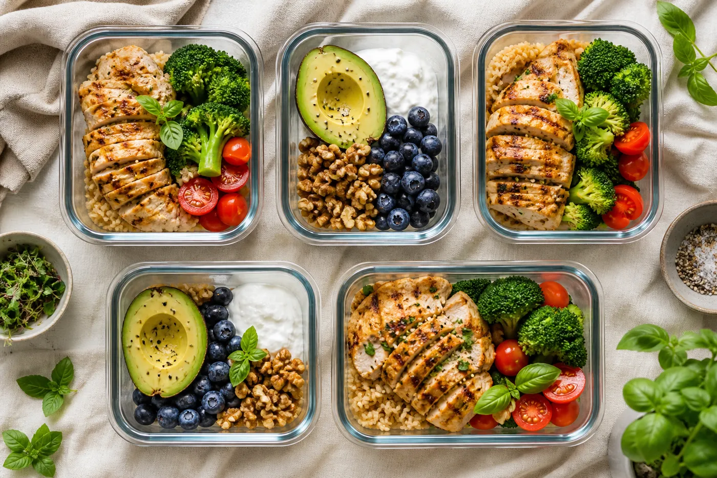 A week of healthy meal-prep containers — chicken, broccoli, avocado, berries