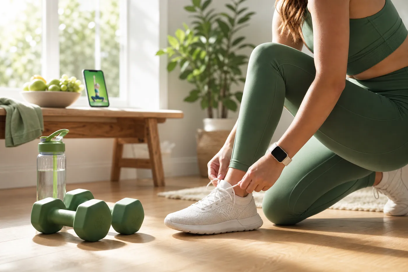 Getting ready to train at home with dumbbells and the FitMunch app
